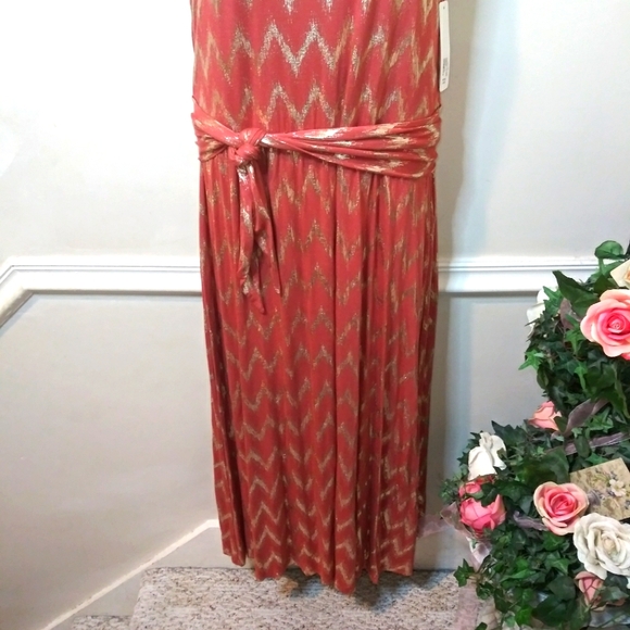 Soft Surroundings Coral & Sparkly Gold Chevron Patterned Alessandra Maxi Dress - Picture 4 of 11